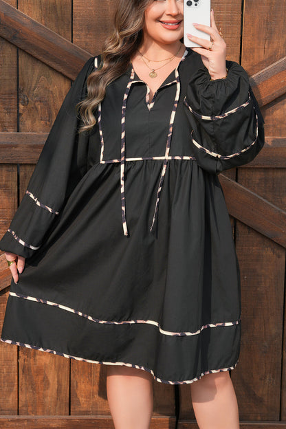 Plus Size Black Long Sleeve Leopard Contrasted Trim Tie Neck Flared Mini Dress