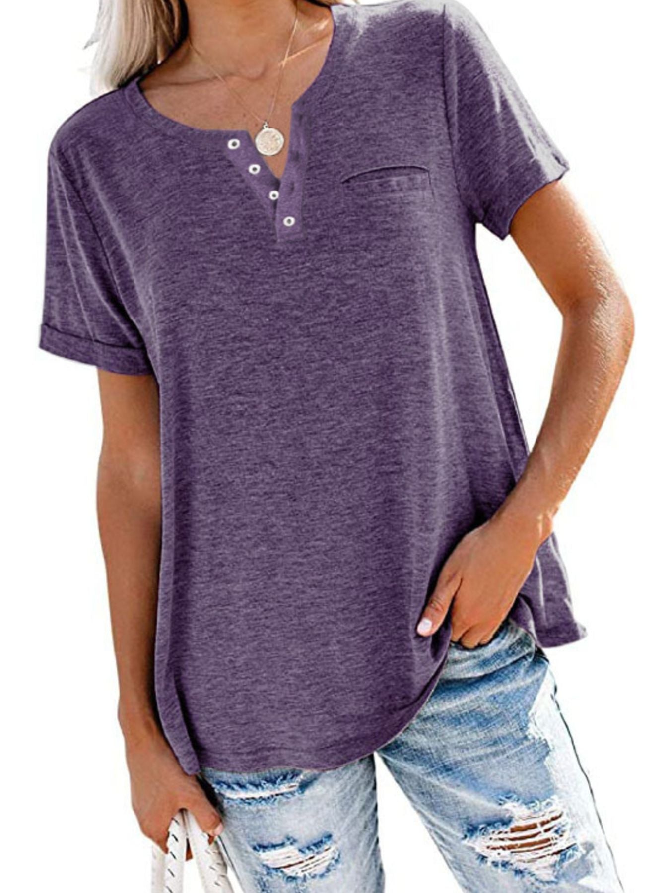 Full Size Casual Button-Front Pocket T-Shirt Plus Size - Bayou Curves
