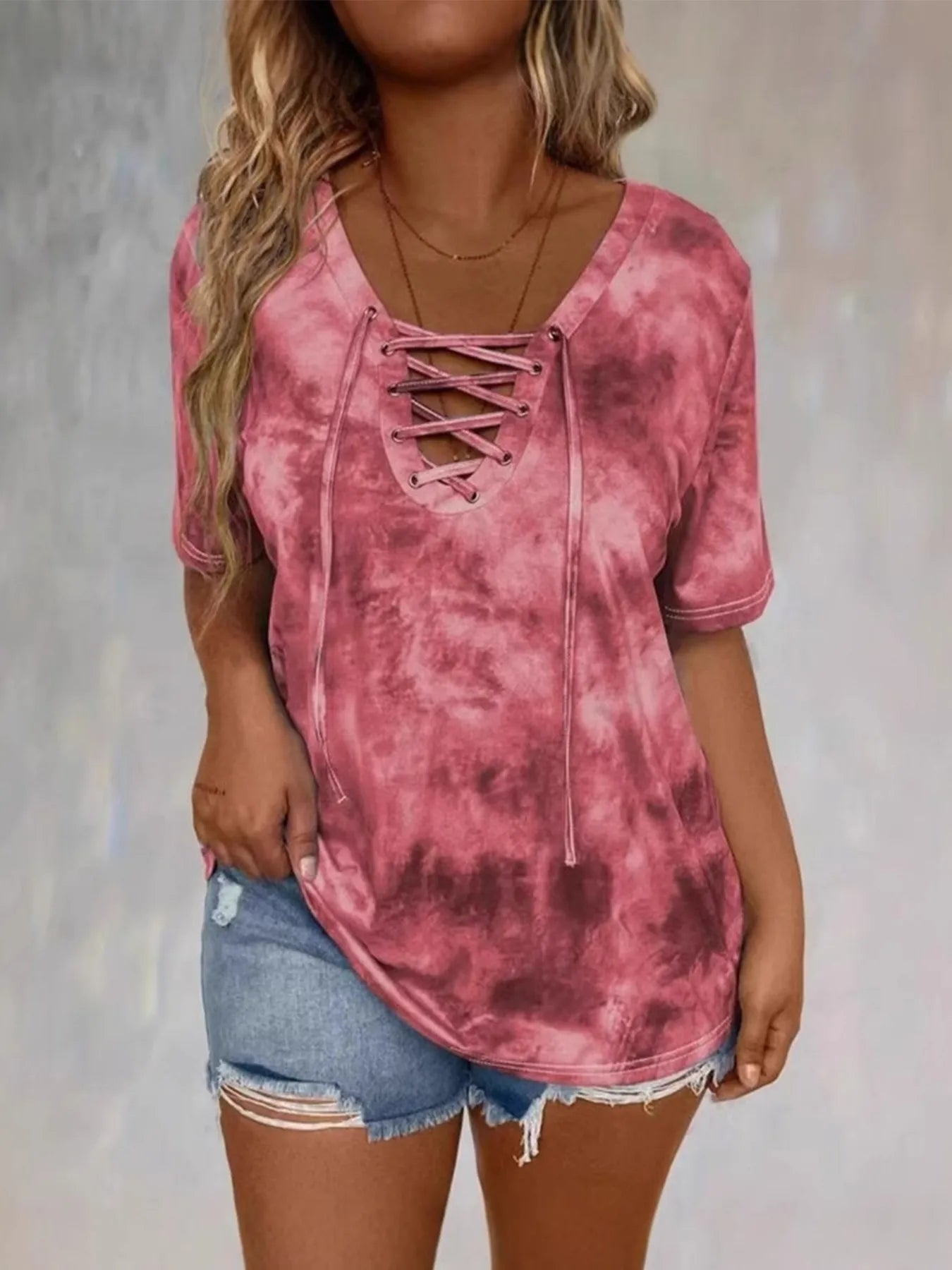 Tie Dye Lace-Up V-Neck Casual T-Shirt - Bayou Curves
