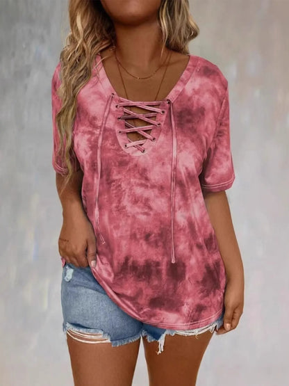 Tie Dye Lace-Up V-Neck Casual T-Shirt - Bayou Curves