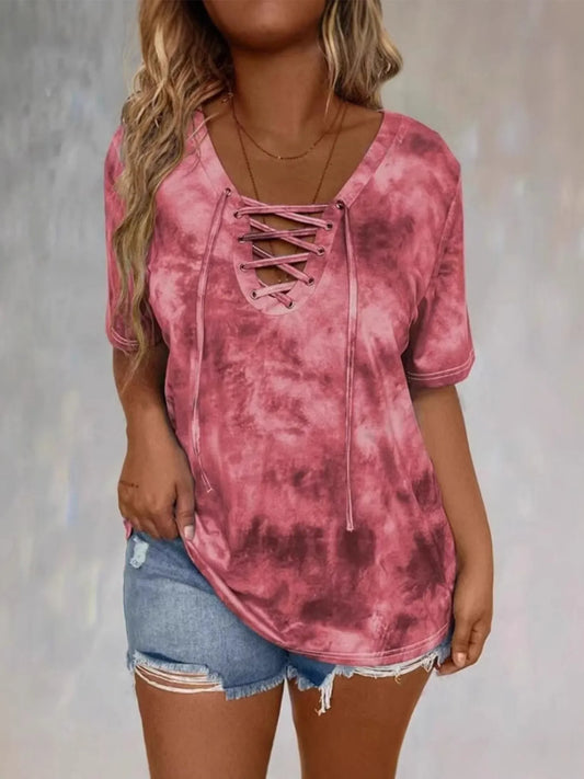 Tie Dye Lace-Up V-Neck Casual T-Shirt - Bayou Curves
