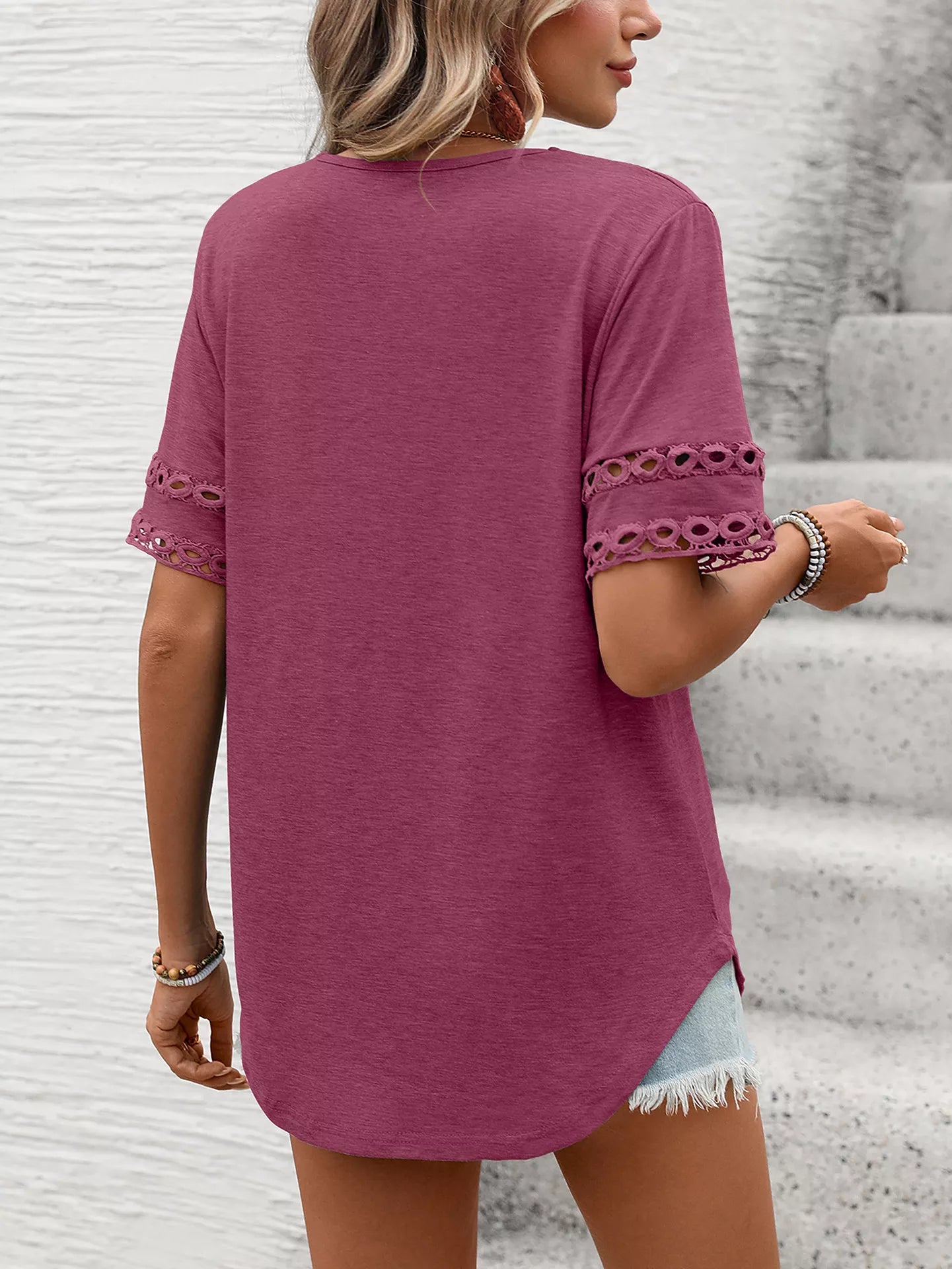V-Neck Hollow-Out Sleeve T-Shirt - Bayou Curves
