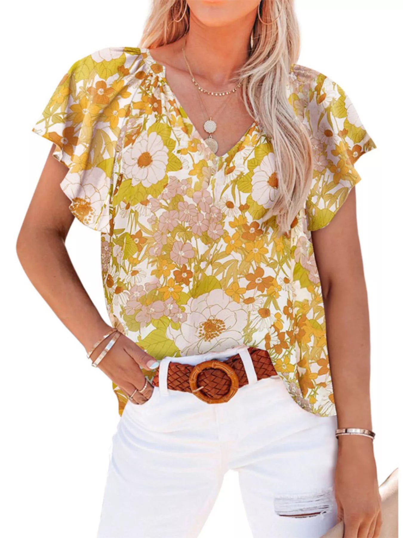 Full Size Floral Print Flutter Sleeve V-Neck Blouse Plus Size - Bayou Curves