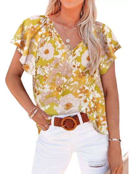 Full Size Floral Print Flutter Sleeve V-Neck Blouse Plus Size - Bayou Curves