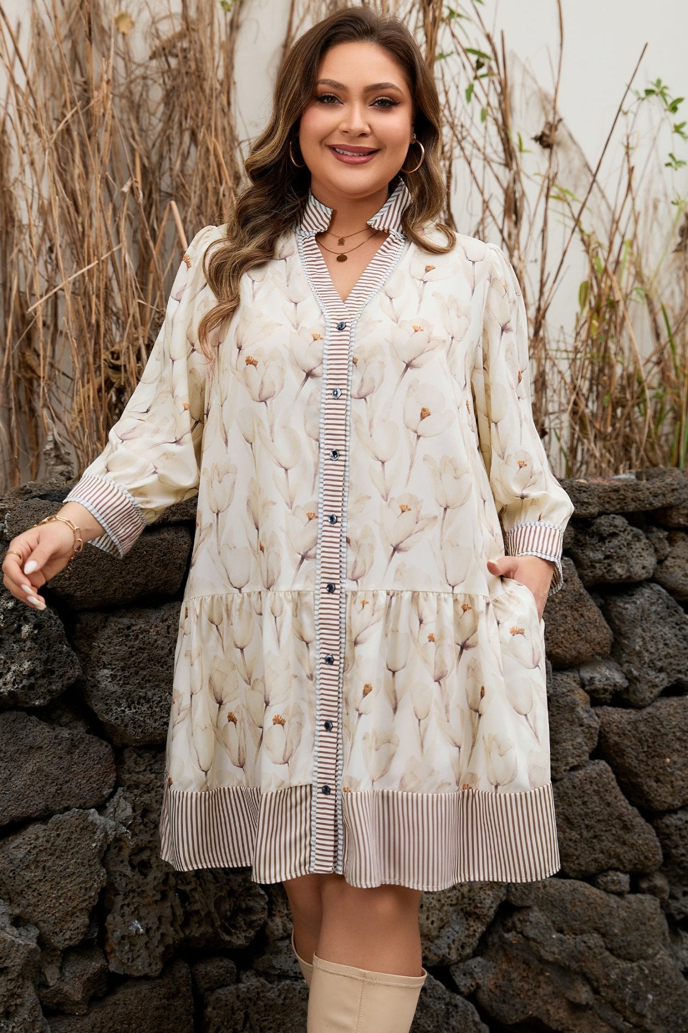 Plus Size Khaki Floral Print Striped Trim Patchwork Button Down A-line Dress - Bayou Curves
