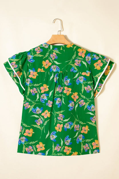 Plus Size Green Ruffled Short Sleeve Floral Top - Bayou Curves