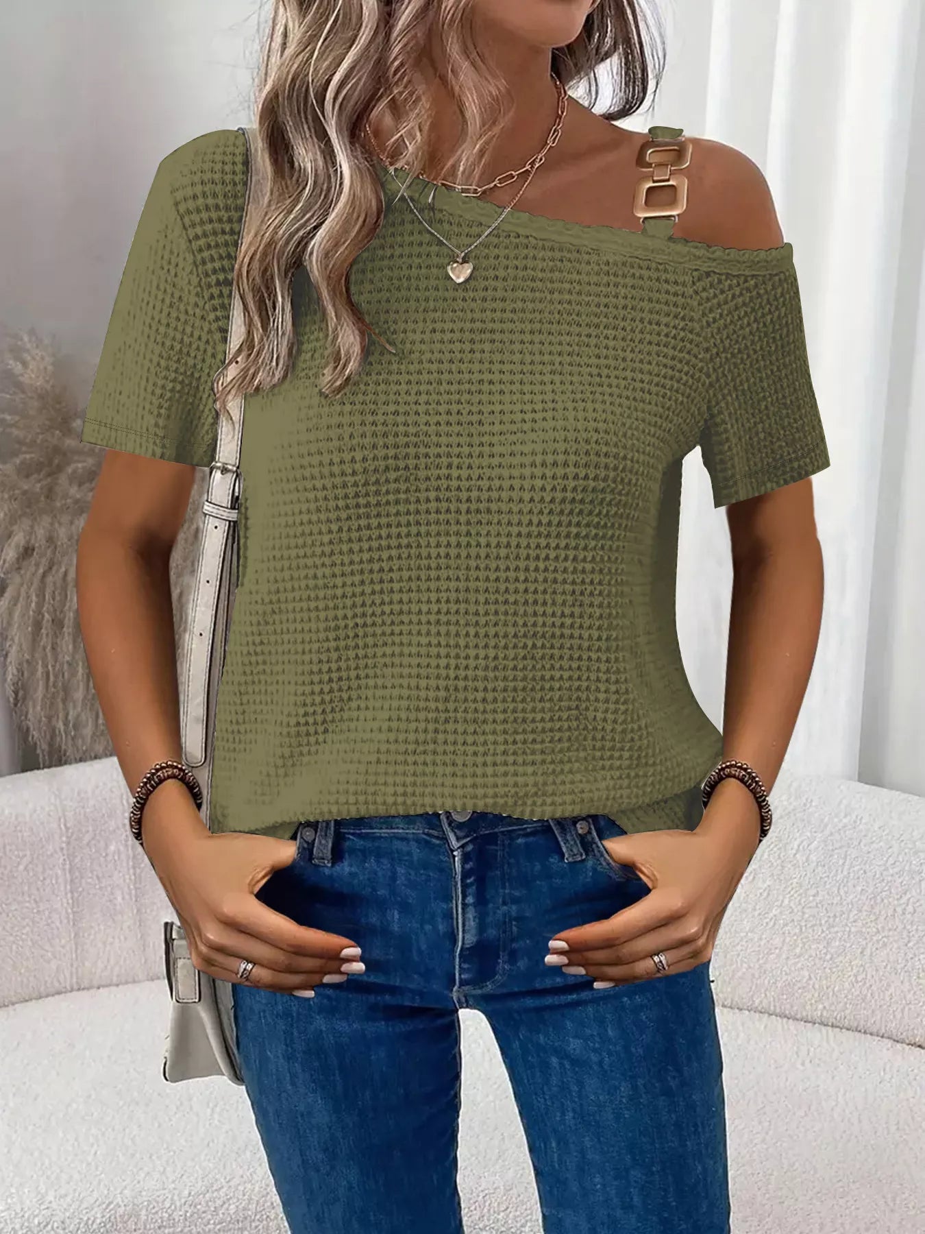 One-Shoulder Chain Detail Waffle Knit T-Shirt - Bayou Curves