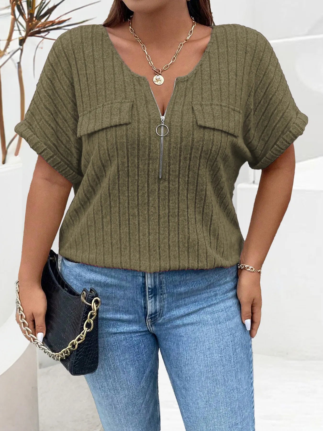Plus Size Ribbed Half Zip Relaxed Fit T-Shirt - Bayou Curves