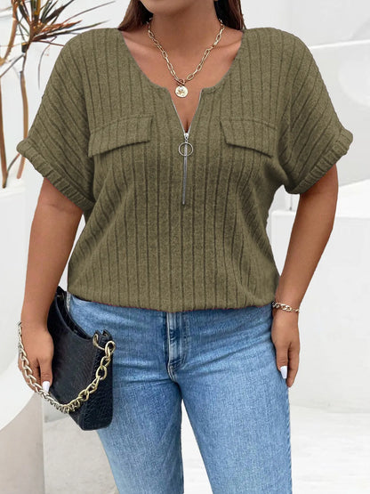 Plus Size Ribbed Half Zip Relaxed Fit T-Shirt - Bayou Curves