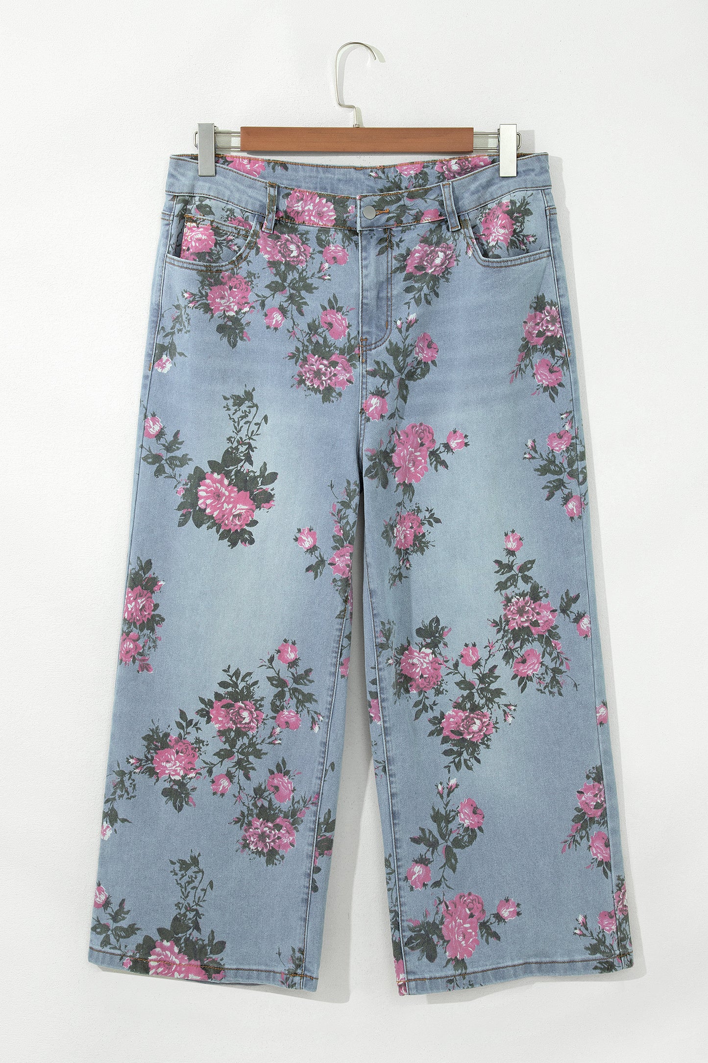 Plus Size Sky Blue Floral Print Ankle Length Loose Jeans