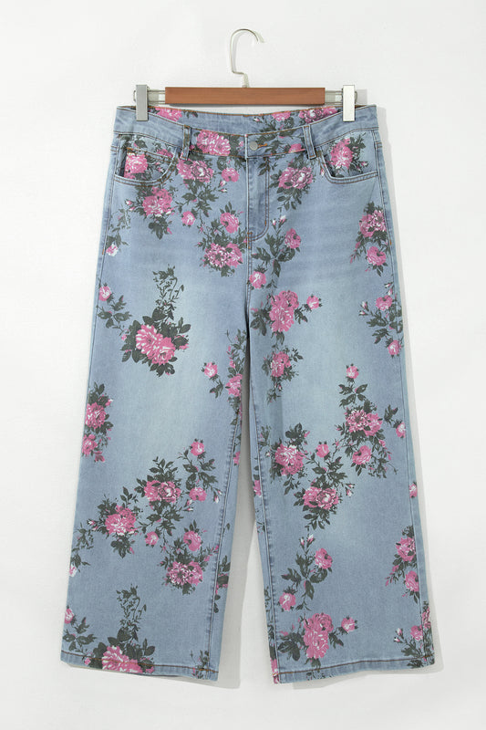 Plus Size Sky Blue Floral Print Ankle Length Loose Jeans
