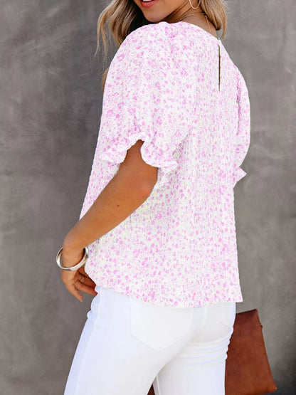 Full Size Floral Print Ruffle Sleeve Blouse Plus Size - Bayou Curves