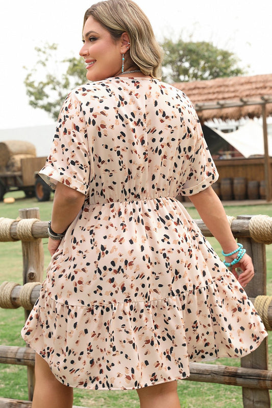 Plus Size Beige Printed Surplice V Neck Cuffed Sleeve Empire Dress - Bayou Curves
