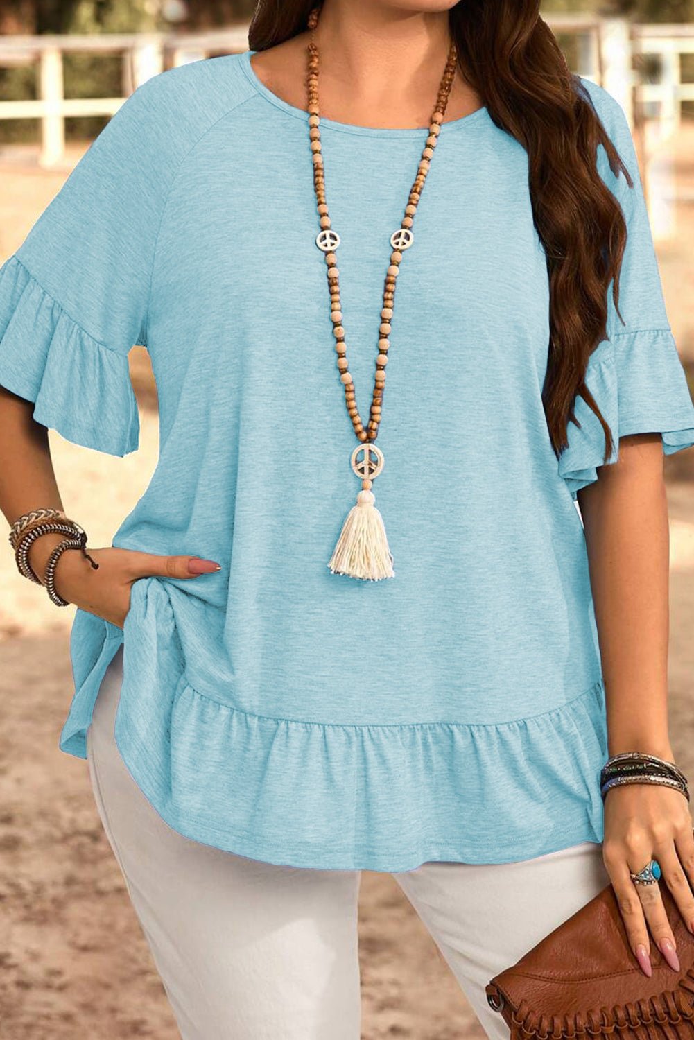 Plus Size Dusk Blue Ruffled Short Sleeve Casual Blouse - Bayou Curves