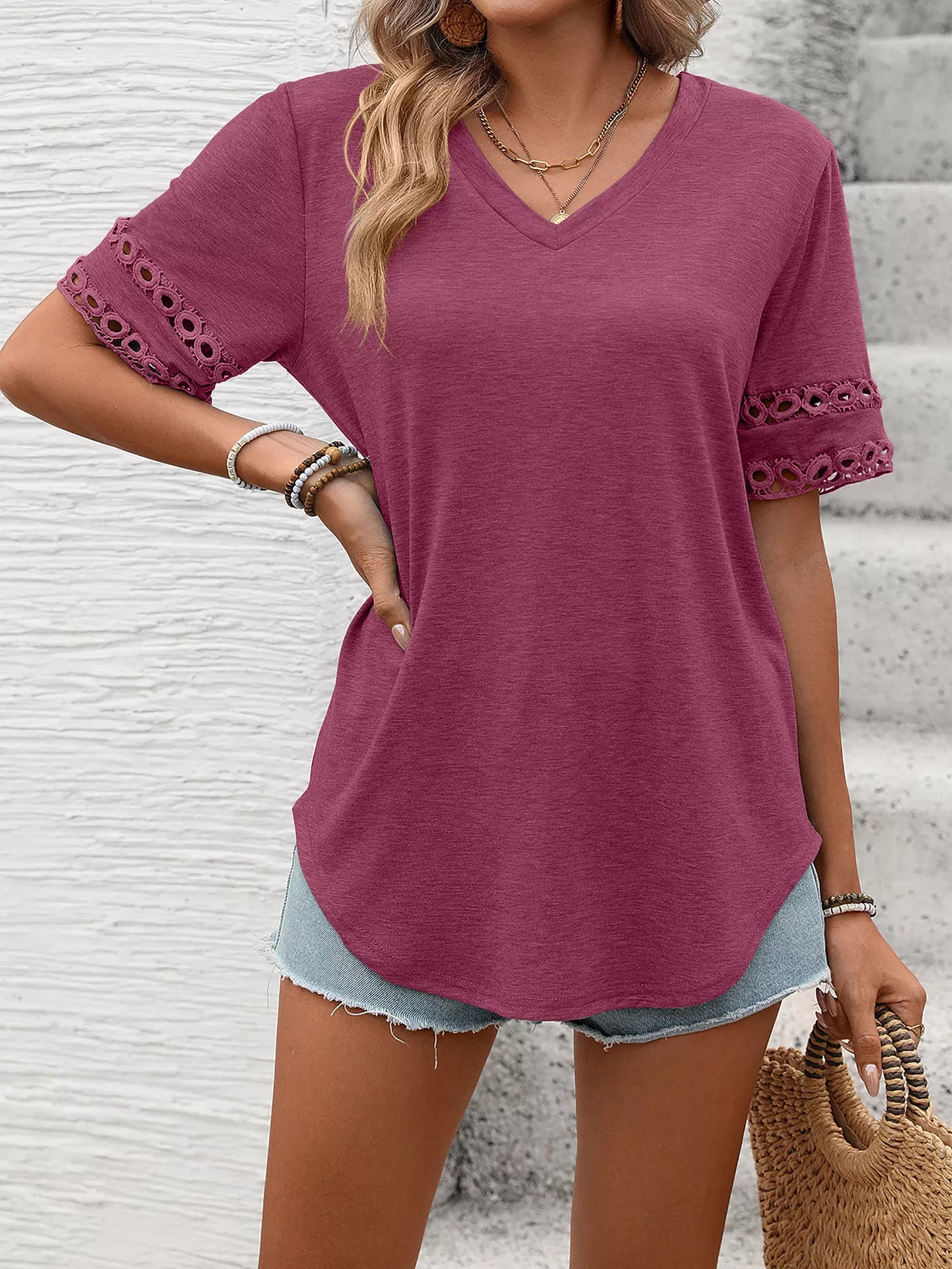 V-Neck Hollow-Out Sleeve T-Shirt - Bayou Curves