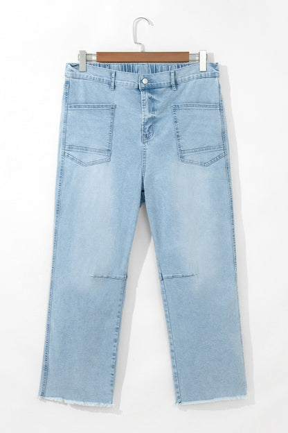 Plus Size Beau Blue Seam Detail Patch Pocket Raw Cut Shift Jeans