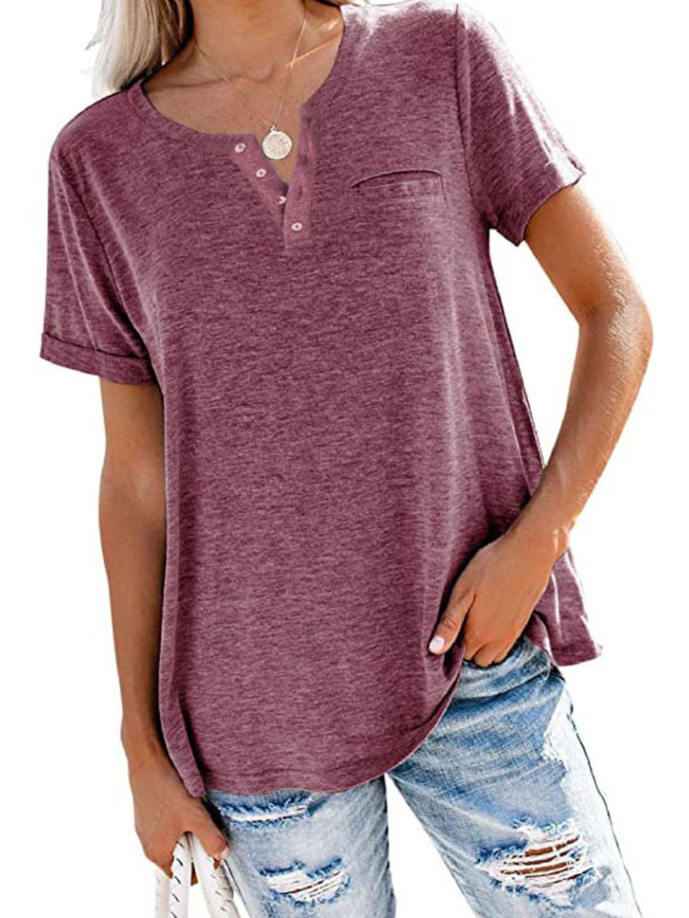 Full Size Casual Button-Front Pocket T-Shirt Plus Size - Bayou Curves