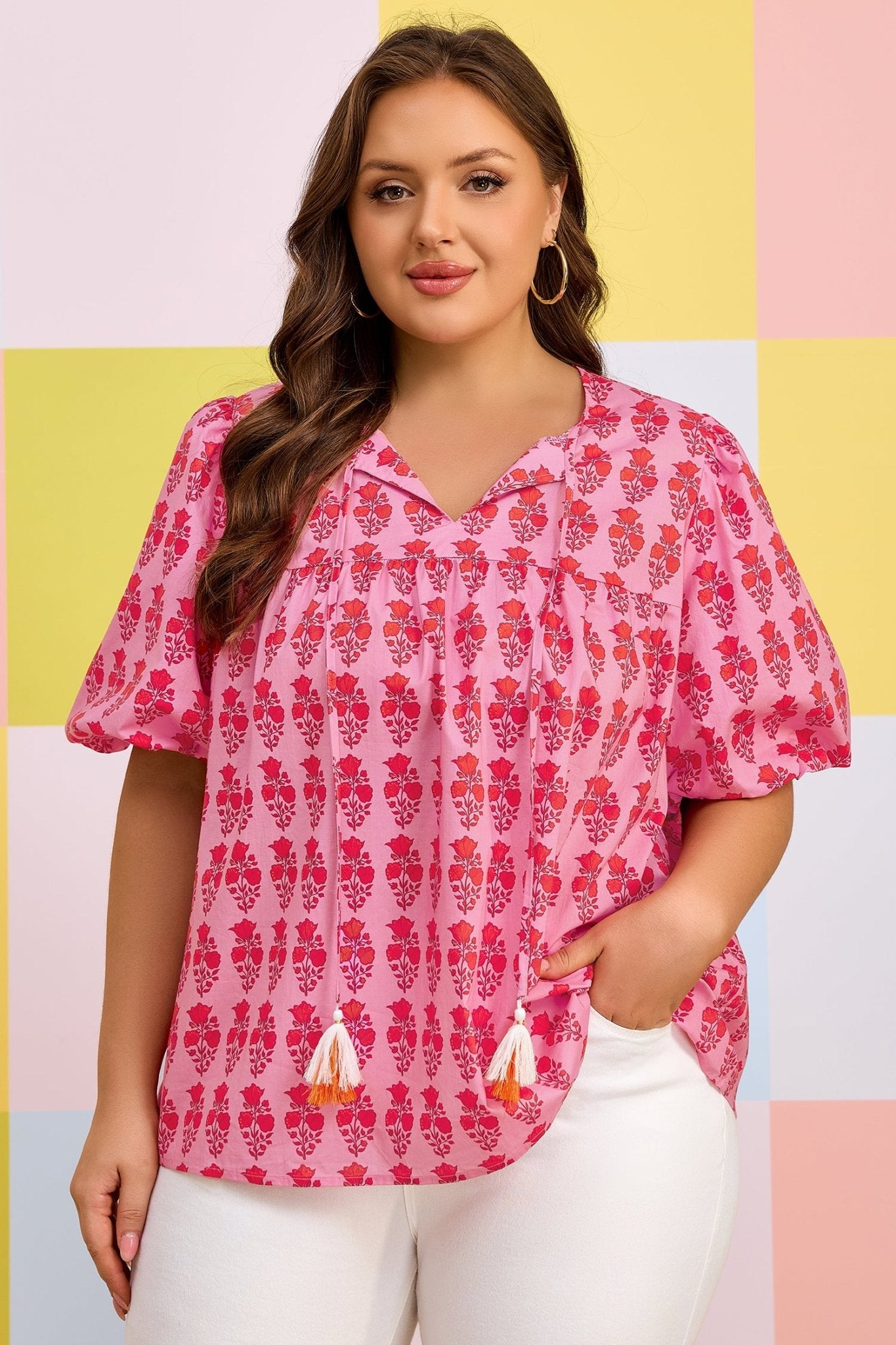 Plus Size Pink Floral Print Tassel Tie Puff Sleeve Cotton Blouse - Bayou Curves
