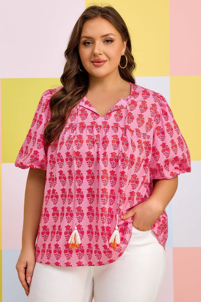 Plus Size Pink Floral Print Tassel Tie Puff Sleeve Cotton Blouse - Bayou Curves