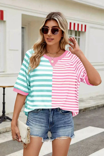 Striped Round Neck Half Sleeve T-Shirt - Bayou Curves