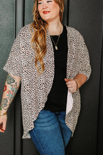 Plus Size Khaki Leopard Print Half Sleeve Open Front Cardigan - Bayou Curves