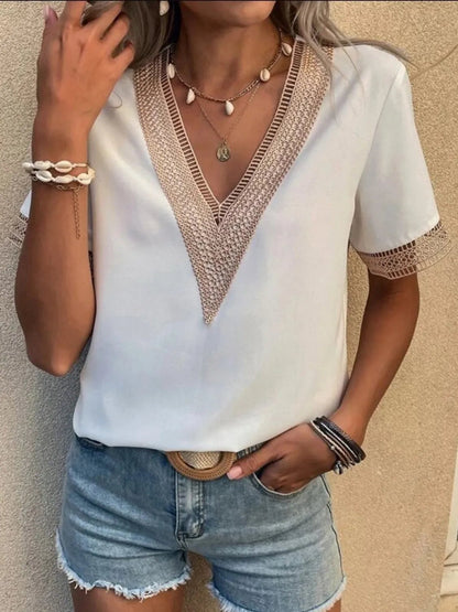 Full Size V-Neck Short Sleeve Blouse Plus Size - Bayou Curves