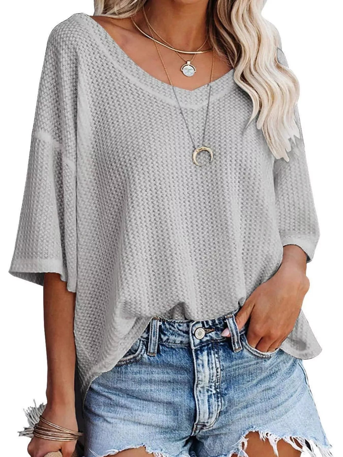 Waffle Knit V-Neck Short Sleeve T-Shirt - Bayou Curves