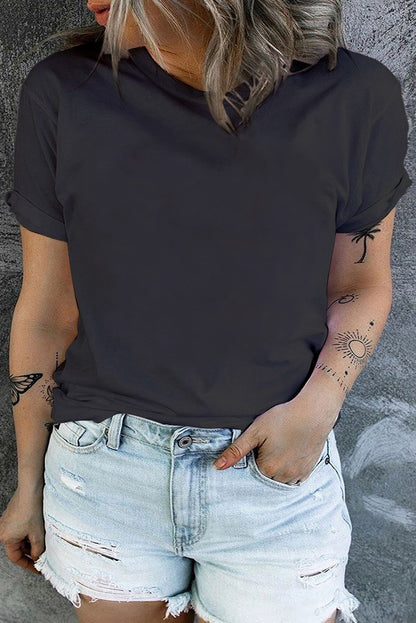 Plus Size Round Neck Rolled Sleeve T-shirt