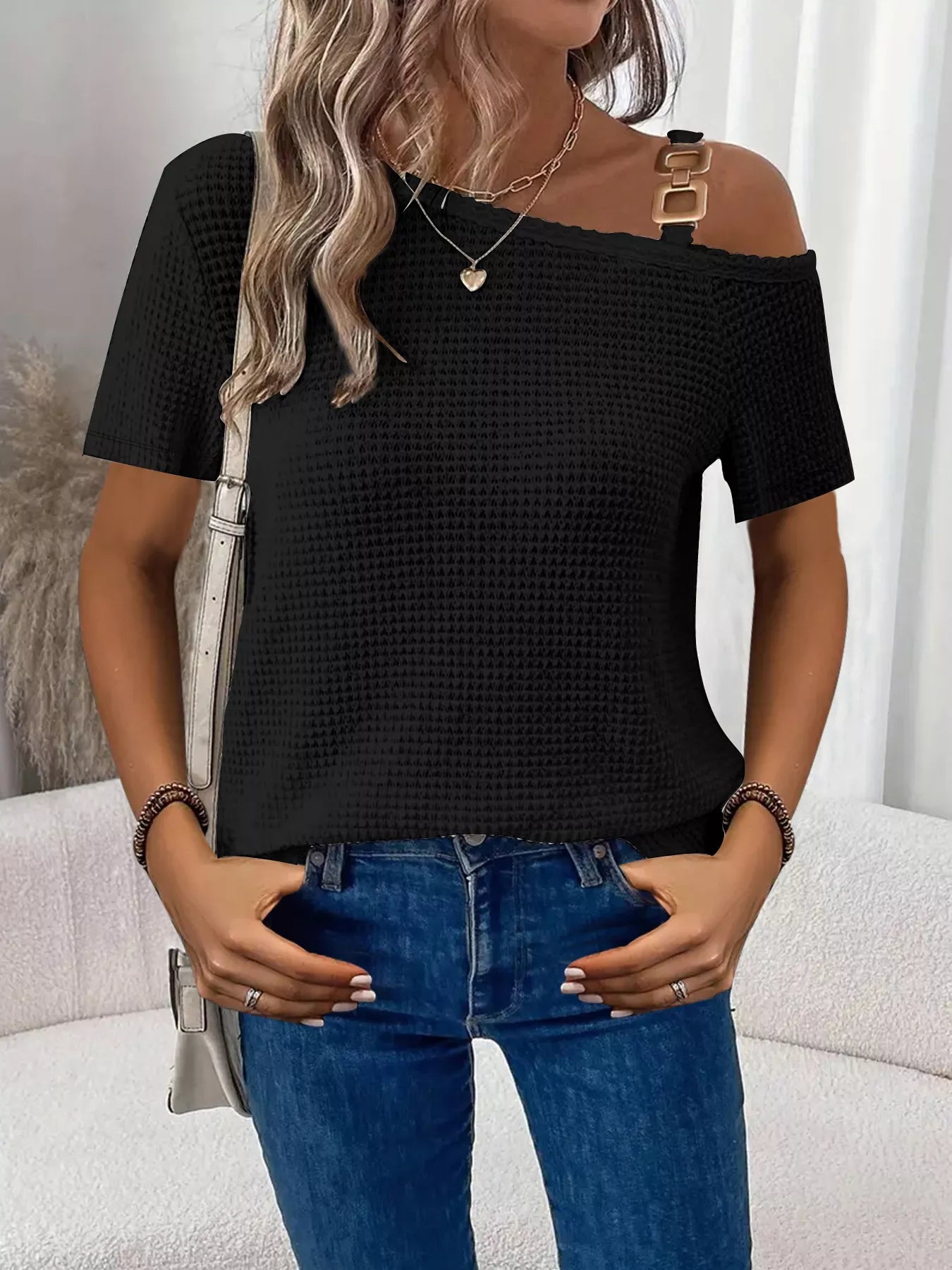 One-Shoulder Chain Detail Waffle Knit T-Shirt - Bayou Curves
