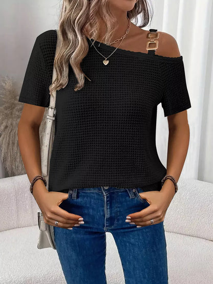 One-Shoulder Chain Detail Waffle Knit T-Shirt - Bayou Curves