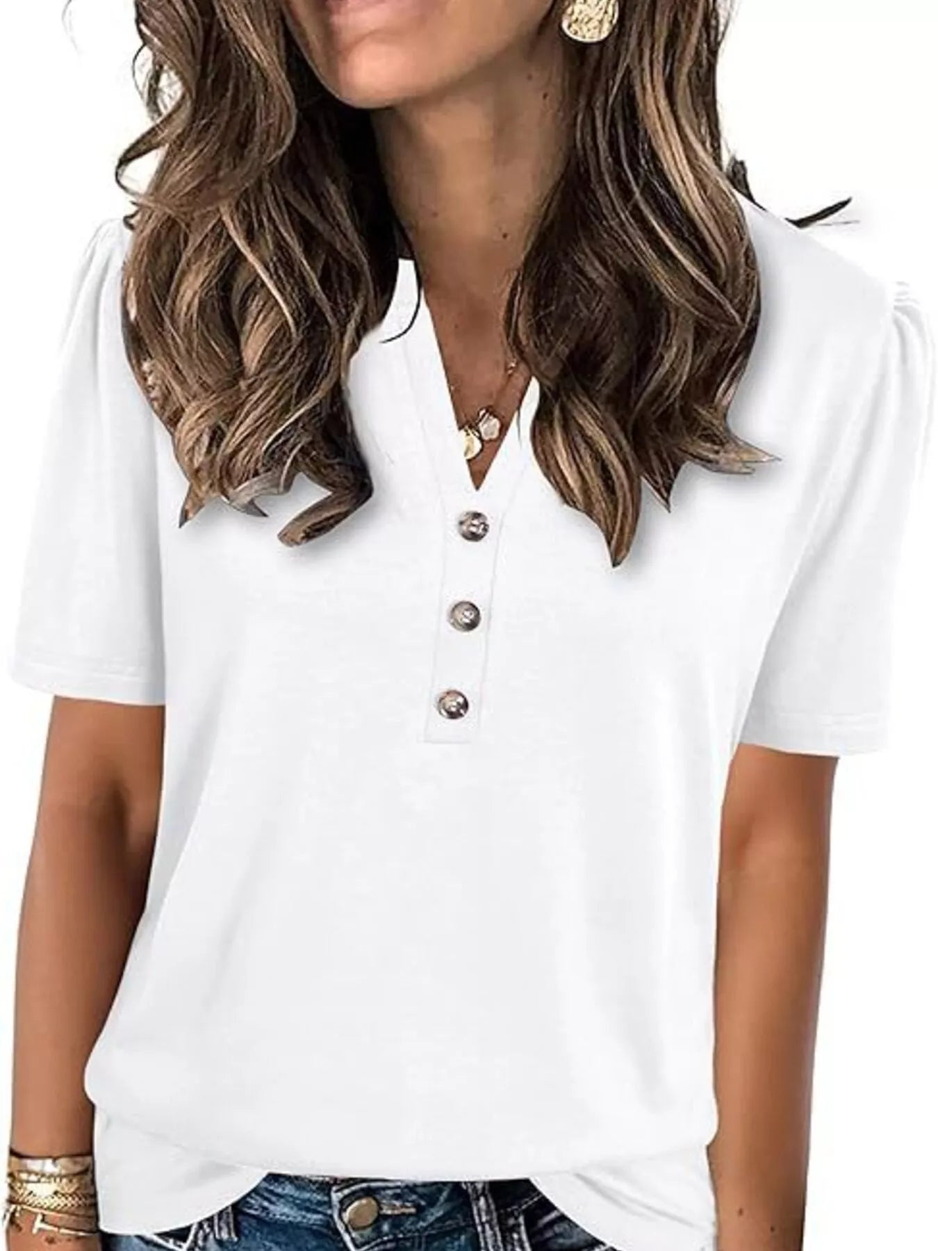 Full Size Notched Short Sleeve Blouse Plus Size - Bayou Curves