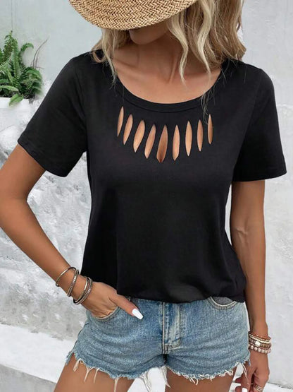 Hollow Out Neckline Short Sleeve T-Shirt - Bayou Curves
