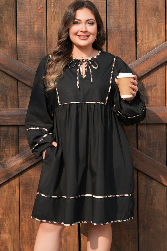 Plus Size Black Long Sleeve Leopard Contrasted Trim Tie Neck Flared Mini Dress