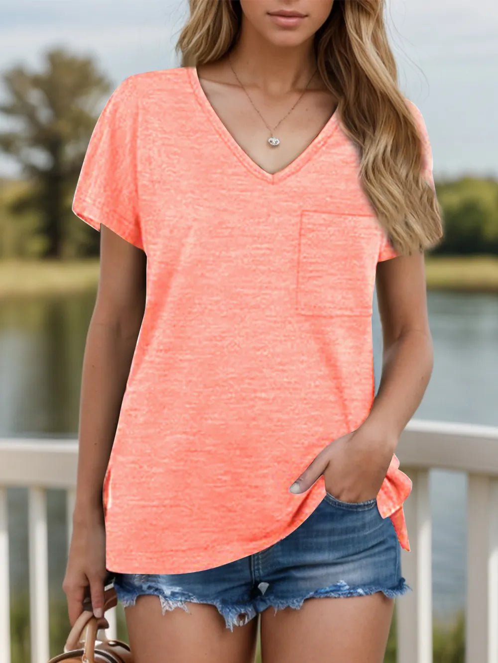Pocketed Heathered V-Neck Short Sleeve T-Shirt - Bayou Curves