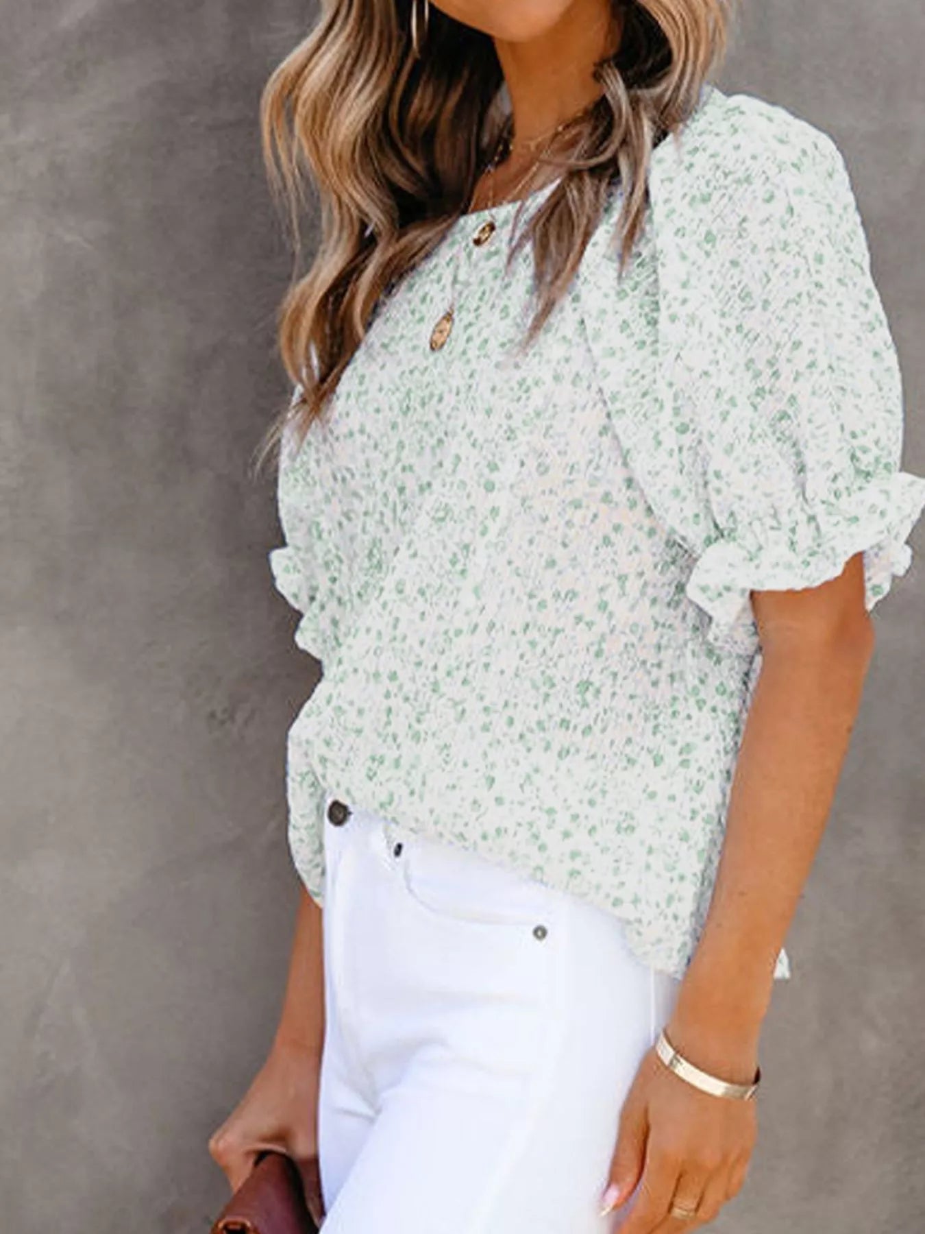 Full Size Floral Print Ruffle Sleeve Blouse Plus Size - Bayou Curves