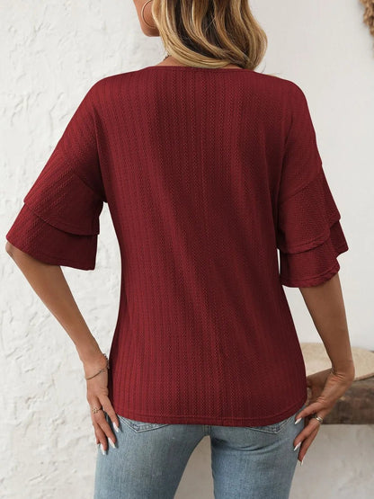 Mandy V-Neck Ruffle Half Sleeve Top - Bayou Curves