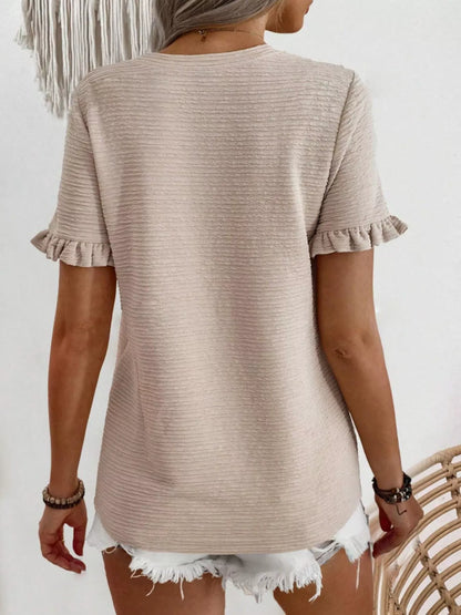 Textured Ruffle Sleeve Round Neck T-Shirt - Bayou Curves