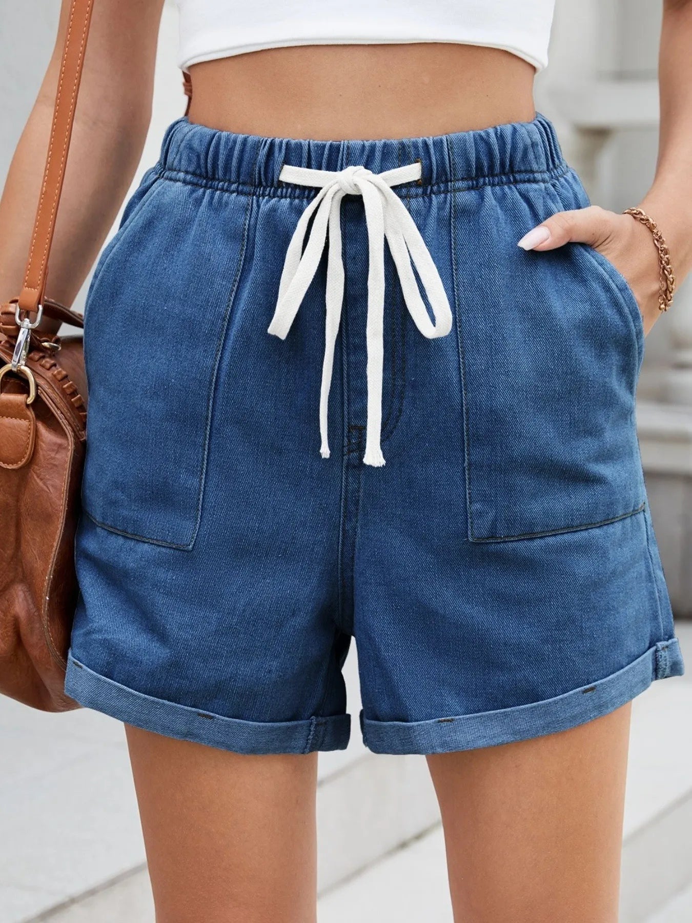 Drawstring Wash Denim Shorts - Bayou Curves