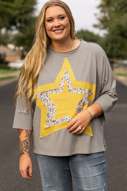 Plus Size Medium Grey Floral Star Patched Pattern 3/4 Sleeve Top