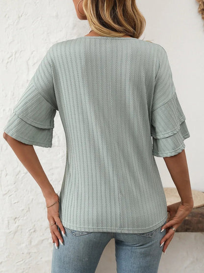 Mandy V-Neck Ruffle Half Sleeve Top - Bayou Curves