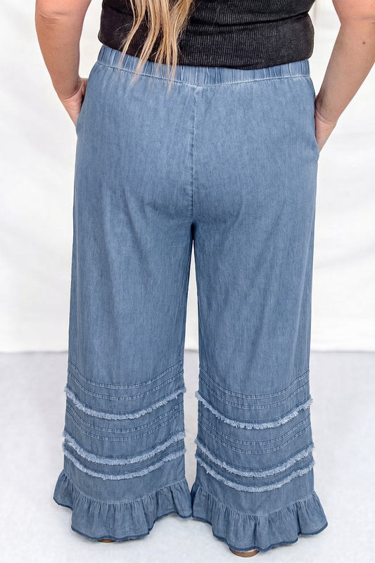 Plus Size Dusk Blue Tiered Raw Edge Ruffled Wide Leg Denim Pants