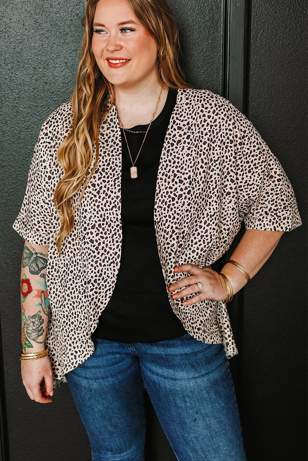 Plus Size Khaki Leopard Print Half Sleeve Open Front Cardigan - Bayou Curves