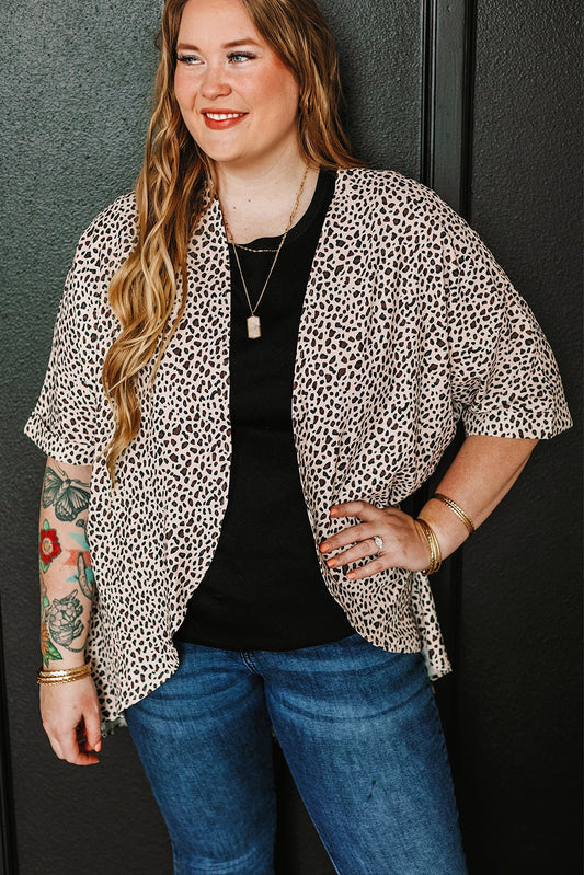 Plus Size Khaki Leopard Print Half Sleeve Open Front Cardigan - Bayou Curves