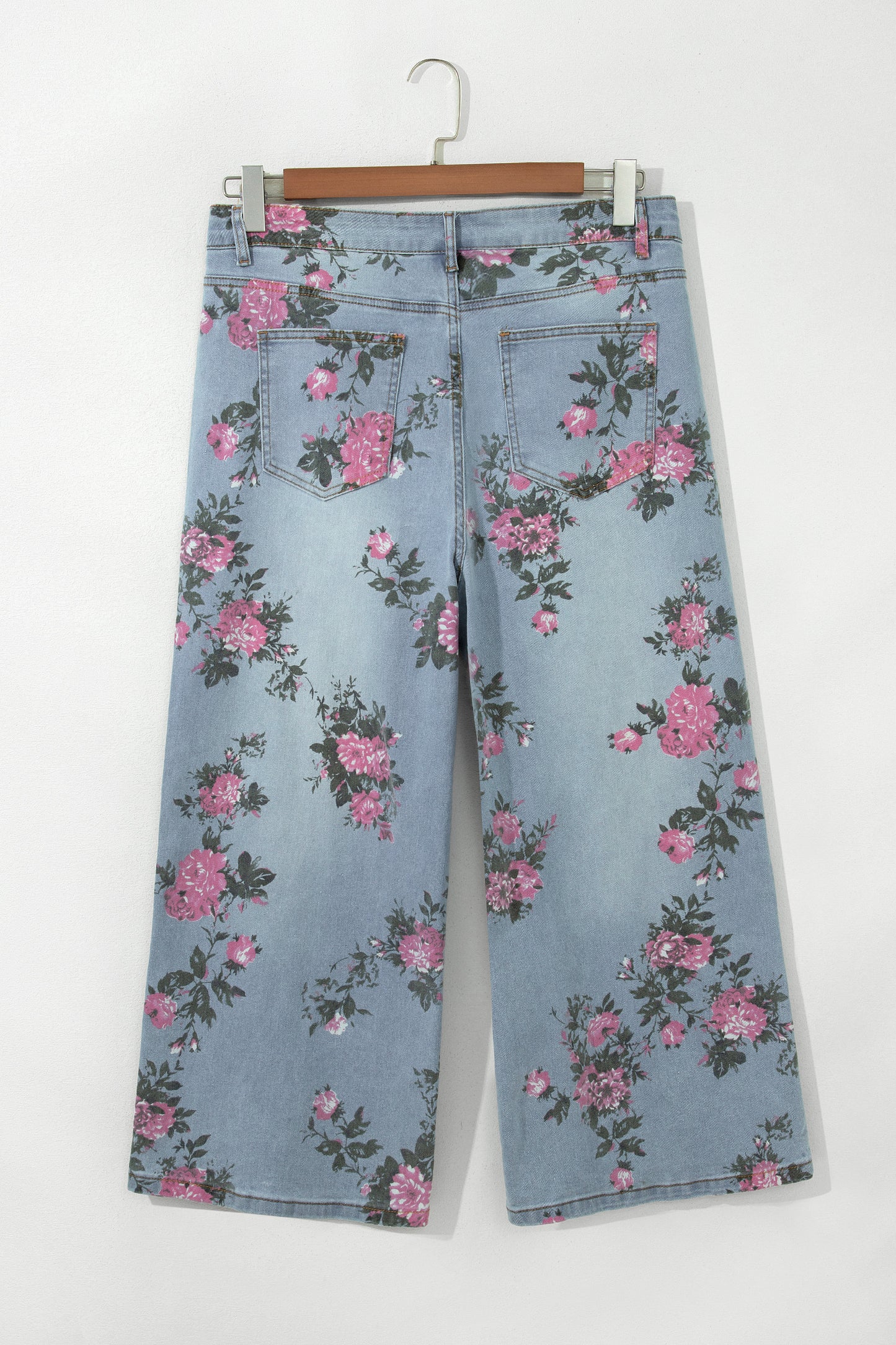 Plus Size Sky Blue Floral Print Ankle Length Loose Jeans