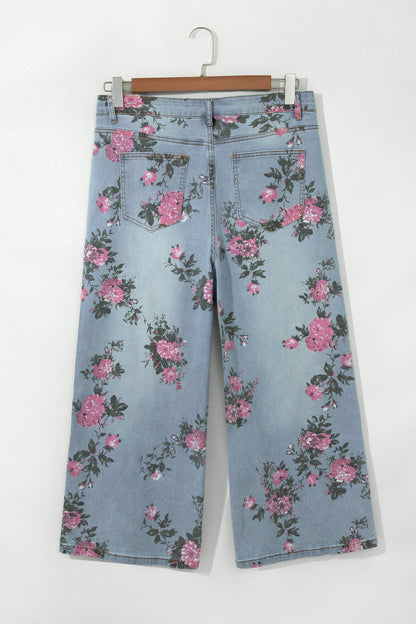 Plus Size Sky Blue Floral Print Ankle Length Loose Jeans