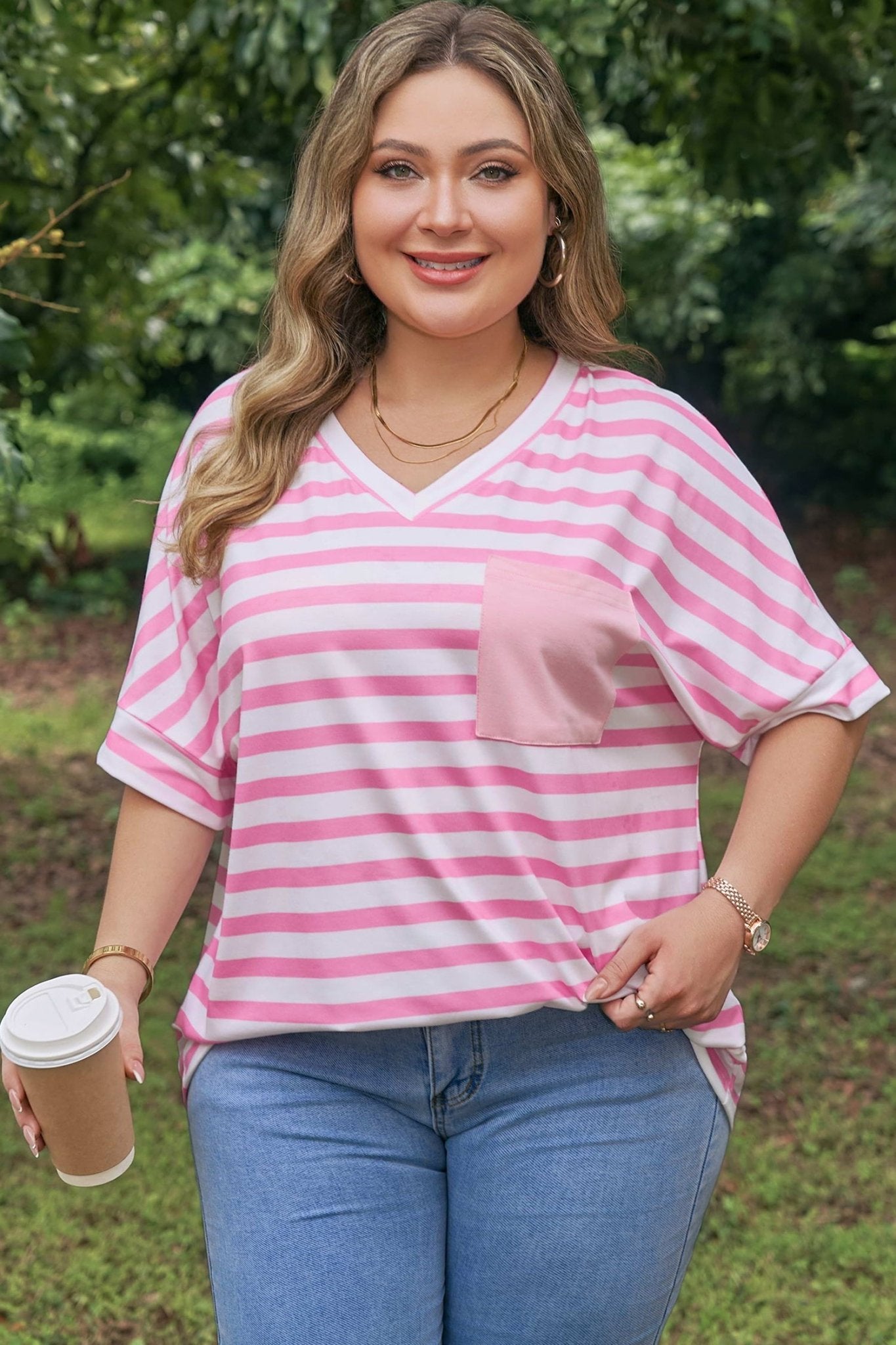 Plus Size Pink Stripe Colorblock Patched Pocket V Neck Tee - Bayou Curves
