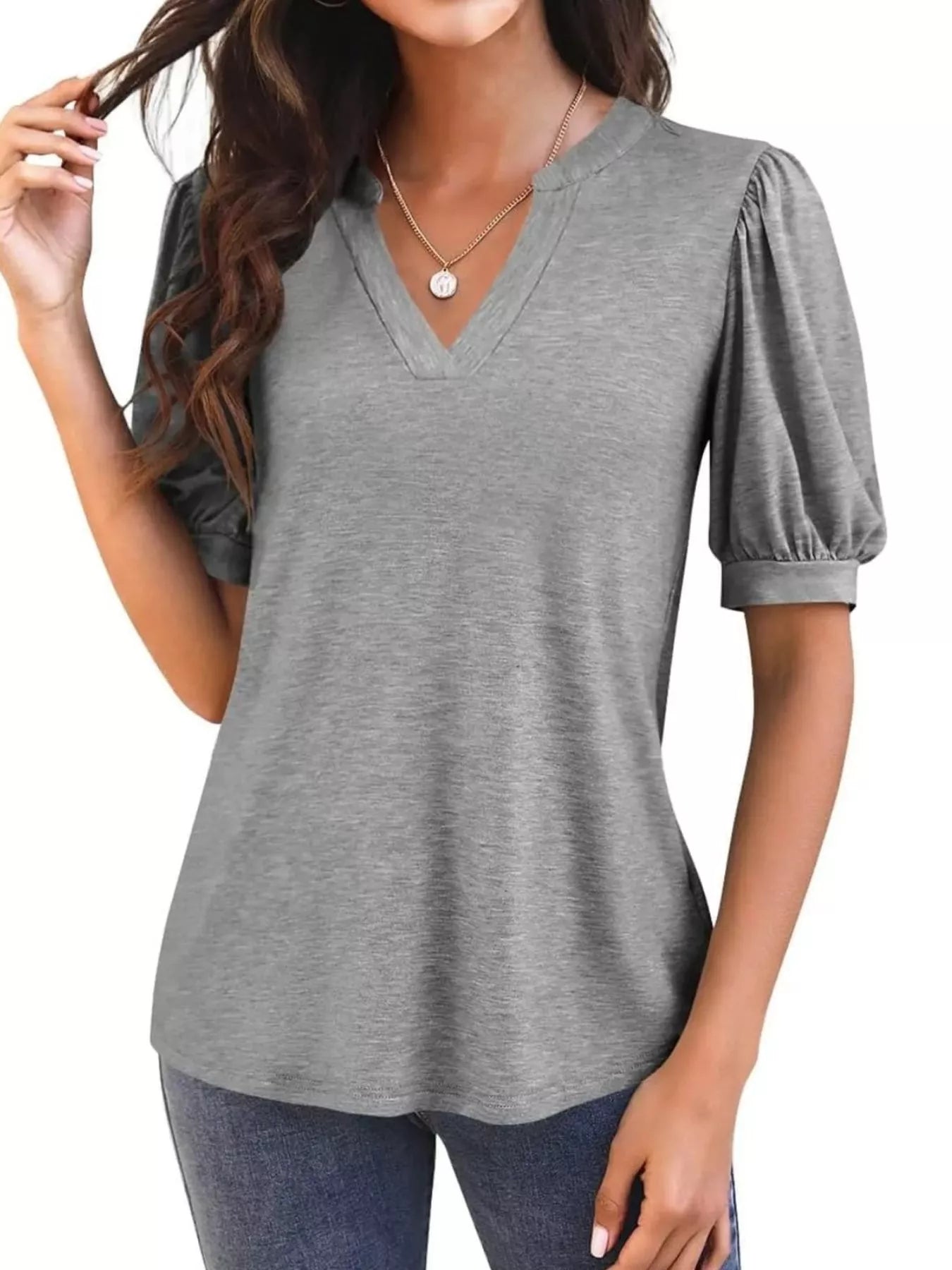 Puff Sleeve Notched Casual T-Shirt - Bayou Curves