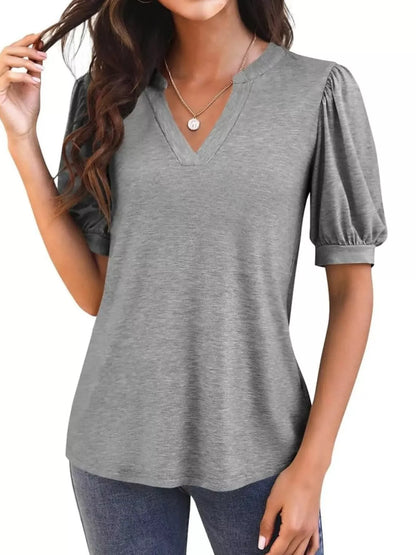 Puff Sleeve Notched Casual T-Shirt - Bayou Curves