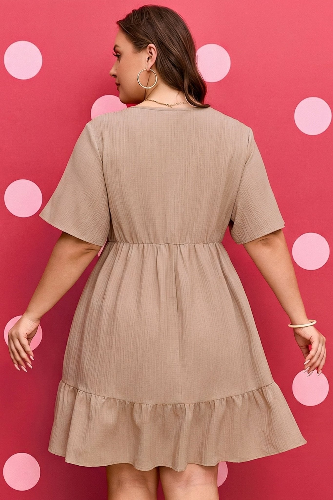 Plus Size Dark Khaki Textured Ruffled Short Sleeve Dress - Bayou Curves