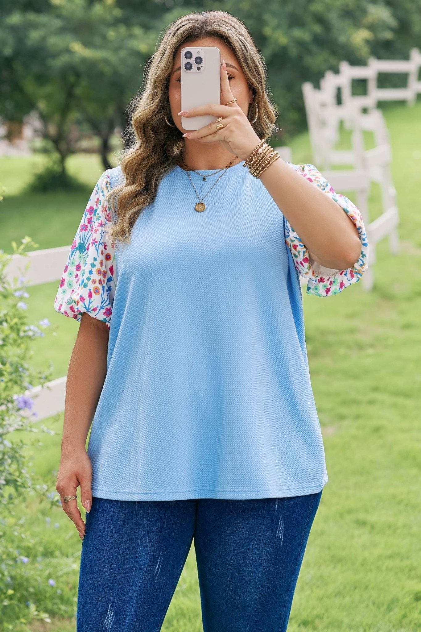 Plus Size Light Blue Textured Bodice Contrast Floral Sleeve Top - Bayou Curves